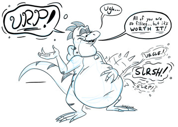 4_fingers 4_toes abdominal_bulge after_vore anthro anthro_pred bell belly belly_pat big_belly biped bow_accessory burping claws dialogue digestion digestion_noises digitigrade eyebrows eyelashes fangs fatal_vore feet female female_pred finger_claws fingers front_view fully_inside half-closed_eyes hand_on_belly jewelry mostly_nude motion_lines multiple_prey narrowed_eyes navel necklace necklace_only nude open_mouth open_smile oral_vore overweight overweight_anthro overweight_female patting patting_belly rumbling_stomach scales sharp_teeth simple_background smile smug soft_vore solo sound_effects speech_bubble standing tail teasing teeth text toe_claws toes vore weight_gain white_background knifesharpener_(artist) hasbro kenner littlest_pet_shop littlest_pet_shop_(1995) delilah_(lps_1995) lizard reptile scalie 2023 black_and_blue digital_drawing_(artwork) digital_media_(artwork) hi_res signature sketch