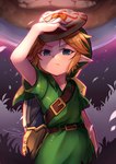 blonde_hair blue_eyes clothing hair humanoid_pointy_ears light_body light_skin male mask mask_of_truth moon not_furry pointy_ears solo young niyama_n majora's_mask nintendo the_legend_of_zelda moon_(tloz) young_link elf humanoid hylian living_moon hi_res signature