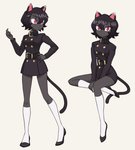 anthro black_body black_fur button_(fastener) clothing female fur hair military_uniform pink_eyes short_hair simple_background solo uniform white_background flowerpigeon73 black_cat_(colo) domestic_cat felid feline felis mammal 2020 hi_res