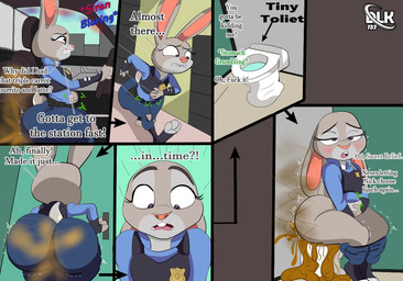 6_panel_comic anthro bathroom big_butt bottomwear bottomwear_down bulletproof_vest butt car clothed clothing dialogue diarrhea driving explosive_diarrhea fart feces feces_blowout feces_pile feet female onomatopoeia pants pants_down partially_clothed paws police police_badge police_car police_officer police_siren police_uniform police_vehicle pooping pooping_in_toilet profanity public_restroom purple_eyes restroom_stall rumbling_stomach smelly soles solo sound_effects stomach_ache surprised text toes toilet toilet_use uniform vehicle story_delight disney zootopia judy_hopps lagomorph leporid mammal rabbit siren comic english_text