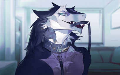 anthro black_body black_ears black_fur blue_eyes cheek_tuft chest_tuft collar collar_only ears_back facial_tuft fangs forked_tongue fur glistening glistening_eyes grey_collar indoor_nudity inside leash leash_in_mouth looking_at_viewer male nude nude_anthro nude_male object_in_mouth open_mouth pivoted_ears red_tongue sharp_teeth solo teeth text tongue tongue_out tuft white_body white_fur unknowhiter sergal 2020 artist_name bust_portrait dated portrait