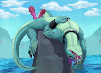 2_penises animal_genitalia animal_penis anthro armband black_claws bodily_fluids claws cloud cloudy_sky collar day detailed_background erection facial_piercing fangs forked_tongue furgonomic_piercing furgonomics genitals golden_claws hand_on_chest head_crest hemipenes looking_at_viewer lying male mountain multi_genitalia multi_penis multicolored_body muzzle_piercing nose_piercing nose_ring nude nude_anthro nude_male on_back on_rock outside penis piercing red_eyes ring_piercing rock saliva saliva_string sky smile smiling_at_viewer solo tail teeth toe_claws tongue tongue_out two_tone_body upside_down water yellow_sclera pokegontc goat_(movie) sony_corporation sony_pictures modo_olachenko komodo_dragon lizard monitor_lizard reptile scalie hi_res