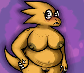 anthro areola belly big_breasts blush breasts embarrassed eyelashes eyewear female freckled_belly freckled_breasts freckled_face freckled_hips freckled_shoulders freckles genitals glasses long_eyelashes neet nerd nipple_dip nipples non-mammal_nipples overweight overweight_female solo tail thick_thighs vulva wearing_glasses pissebucket undertale_(series) alphys lizard reptile scalie hi_res