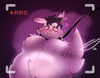 anthro belly big_belly blush bodily_fluids camera chubby_cheeks collar dialogue embarrassed leash leash_pull male moobs nipples nude overweight overweight_male piercing recording solo sweat tail text ratprey nintendo pokemon en_(ratprey) generation_3_pokemon pokemon_(species) zangoose english_text