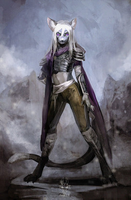 anthro bandage clothed clothing fur grey_body grey_fur hair male open_clothing purple_eyes ranger solo white_hair drawing_sofa dungeons_and_dragons hasbro wizards_of_the_coast domestic_cat felid feline felis leopard mammal pantherine