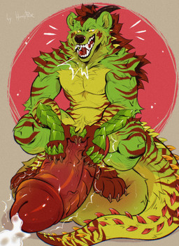 5_fingers anthro big_penis bodily_fluids claws crouching cum cum_on_ground erection fangs fingers fur genital_fluids genitals green_body green_fur hair hand_on_penis holding_penis horn huge_penis hyper hyper_genitalia hyper_penis looking_at_genitalia looking_at_penis male markings multicolored_body multicolored_fur nude open_mouth paws penis red_hair red_markings red_tongue saliva snout solo spikes spikes_(anatomy) striped_body striped_fur stripes tail teeth tongue vein veiny_penis yellow_eyes honeypie~ hybrid hyena mammal colored digital_drawing_(artwork) digital_media_(artwork) hi_res shaded