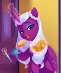 baguette blue_eyeshadow braided_hair bread curved_horn eyelashes eyeshadow feathered_wings feathers female feral folded_wings food garlic_bread hair holding_object hooves horn magic makeup mirror multicolored_hair purple_body purple_eyes purple_feathers solo telekinesis two_tone_hair white_hair wings marenlicious hasbro mlp_g5 my_little_pony mythology opaline_(mlp) equid equine mammal mythological_creature mythological_equine winged_unicorn absurd_res hi_res