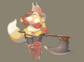 anthro armor axe big_breasts breasts clothed clothing female fur hair hair_over_eyes huge_breasts melee_weapon overweight overweight_anthro overweight_female smile solo standing unconvincing_armor weapon kakuteki11029 canid canine fox mammal