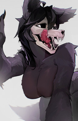 ahoge anthro arm_tuft bangs bent_over black_body black_fur black_hair black_sclera bodily_fluids bone breast_tuft breasts chest_tuft claws collarbone elbow_tuft eyelashes fangs featureless_breasts female female_anthro fluffy fluffy_tail fur hair holding_viewer inner_ear_fluff leaning leaning_forward licking licking_lips long_hair looking_at_viewer medium_breasts open_mouth pawpads saliva saliva_on_tongue saliva_string sharp_teeth shoulder_tuft simple_background skull skull_head solo tail teeth teeth_showing tongue tongue_out tuft white_eyes surge09 scp_foundation scp-1471-a canid canine canis malo mammal wolf 2026 absurd_res colored detailed digital_drawing_(artwork) digital_media_(artwork) hi_res portrait shaded three-quarter_portrait
