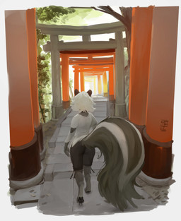 4_toes ambiguous_anthro ambiguous_gender anthro barefoot biped black_body black_fur black_pawpads claws clothed clothed_ambiguous clothing day digitigrade feet finger_claws fully_clothed fully_clothed_ambiguous fur hair hindpaw outside pawpads paws plant rear_view soles solo toe_claws toes tree walking white_body white_fur white_hair swiwwel mammal mephitid skunk absurd_res digital_media_(artwork) digital_painting_(artwork) hi_res painting_(artwork) signature