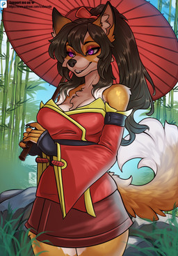 5_fingers anthro asian_clothing black_nose breasts brown_hair clothed clothed_anthro clothed_female clothing east_asian_clothing female fingers fur hair humanoid_hands japanese japanese_clothing multicolored_body multicolored_fur orange_body orange_fur paper_umbrella solo two_tone_body two_tone_fur umbrella white_body white_fur icebounde kumiho_(purplelemons) canid canine fox mammal hi_res