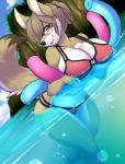 anthro big_breasts bikini black_nose breasts brown_body brown_fur brown_hair clothing eyewear female fur glasses hair navel partially_submerged smile solo swimwear two-piece_swimsuit water white_body white_fur yellow_eyes spazzykoneko cheyenne_(inu-dono) canid canine canis coyote mammal 2018 digital_media_(artwork) hi_res portrait shaded