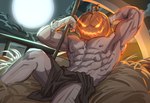 abs areola arm_scar body_scars bottomwear brown_bottomwear brown_clothing clothed clothing food for_a_head fruit full_moon glowing glowing_eyes glowing_mouth hand_behind_head hand_wraps hay holidays male melee_weapon moon muscular muscular_humanoid muscular_male nipples not_furry plant polearm pumpkin pumpkin_head reclining scar scythe solo topless topless_male weapon wraps usingincognito halloween humanoid object_head hi_res