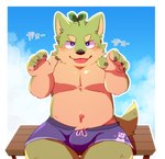 anthro blush bulge clothing green_body humanoid_hands kemono male sitting solo text underwear young green_bell canid canine canis domestic_dog mammal 2023 absurd_res hi_res japanese_text