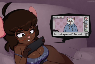 4_fingers anthro big_breasts breasts brown_eyes brown_hair cleavage clothed clothing dating_sim duo electronics eyewear female fingers furniture game_console gaming glasses hair handheld_console hoodie lying male pink_nose playing_video_game rectangular_glasses round_glasses sofa tail text thick_thighs topwear osokamu gwen_geek nintendo nintendo_switch_2 gwen_martin toshio_nakamura domestic_cat felid feline felis house_mouse mammal mouse murid murine rodent 2025 absurd_res digital_drawing_(artwork) digital_media_(artwork) english_text hi_res mixed_media pixel_(artwork)