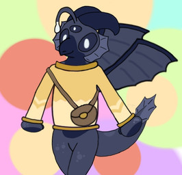 ambiguous_gender anthro clothed clothing crossed_legs frill_(anatomy) happy lure_(anatomy) multi_eye multicolored_body simple_background smile solo standing sweater tail topwear wings kawaiikat mythology anglerfish aquatic dragon fish hybrid mythological_creature mythological_scalie scalie 2024 character_request digital_drawing_(artwork) digital_media_(artwork) portrait