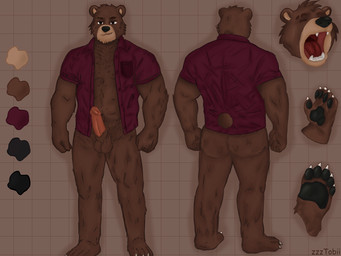 animal_genitalia anthro balls brown_body brown_fur butt claws clothing erection feet front_view fur genitals humanoid_genitalia humanoid_penis hybrid_genitalia hybrid_penis male musclegut muscular muscular_male open_mouth pawpads paws penis rear_view sheath sheathed_humanoid_penis shirt smile smirk solo toe_claws topwear yawn zzztobi bear mammal 4:3 hi_res model_sheet