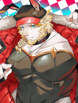 anthro big_muscles big_pecs blonde_hair blue_eyes braided_hair braided_ponytail clothing fishnet_clothing fishnet_legwear fur hair hat headgear headwear jacket legwear male muscular muscular_anthro muscular_male pecs playboy_bunny playboy_outfit ponytail solo topwear white_body white_fur hagio_graphy lifewonders live_a_hero astosis felid lion mammal pantherine 3:4 absurd_res hi_res