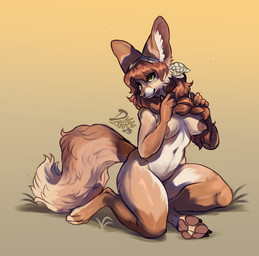 anthro bandanna_on_head big_ears braided_hair breasts brown_body brown_fur brown_hair cheek_tuft claws clothing ear_tuft facial_tuft feet female fluffy fluffy_tail fur green_eyes hair headgear headscarf headwear inner_ear_fluff long_hair looking_at_viewer navel nipples nude nude_anthro nude_female orange_hair pawpads paws pink_nipples pink_nose pink_pawpads playing_with_hair pose red_hair sitting solo tail tan_body tan_fur toe_claws tuft hoot_(artist) veronika_zylest_(sirhcx) canid canine fennec_fox fox mammal true_fox hi_res pinup