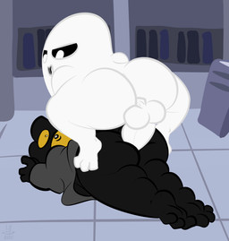 anal anal_penetration anthro anthro_penetrated balls black_body black_fur butt cloak clothed clothing duo erection feet female female_anthro female_penetrated from_behind_position fur genitals holidays male male/female male_penetrating male_penetrating_female penetration penis perching_position sex shortstack simple_background toes yellow_eyes thefablednekos google google_doodle halloween magic_cat_academy momo_(google) domestic_cat felid feline felis ghost mammal spirit 2017 hi_res