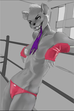 abs anthro athletic athletic_anthro athletic_female bikini boxing breasts camel_toe cleavage clothed clothing confident detailed_background female fighting_ring gloves grin hand_wraps handwear medium_breasts mostly_nude_anthro mostly_nude_female muscular muscular_female necktie open_mouth purple_necktie red_bikini red_clothing red_swimwear ring rope sharp_teeth smile smirk solo sport swimwear teeth tongue tongue_out topless topless_anthro topless_female two-piece_swimsuit wraps hnz hyena mammal spotted_hyena greyscale hi_res monochrome sketch