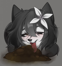 accessory anthro black_body black_fur black_hair blush brown_eyes eating_feces feces feces_in_mouth feces_on_ground feces_on_tongue feces_pile female flower flower_in_hair fur grey_background hair hair_accessory licking_feces looking_at_viewer narrowed_eyes one_eye_closed open_mouth open_smile plant scatplay simple_background smile solo teeth tongue tongue_out white_body white_fur wink julkill domestic_cat felid feline felis mammal hi_res