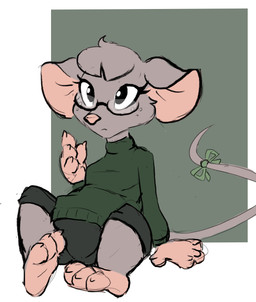 anthro bow_ribbon breasts claws clothed clothing eyewear female finger_claws fur glasses green_clothing green_shirt green_topwear grey_body grey_fur shirt small_breasts solo toe_claws topwear wearing_glasses muhny edie_(muhny) mammal mouse murid murine rodent
