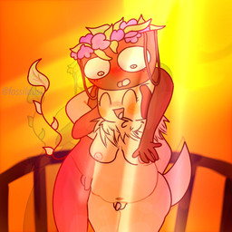 anthro balcony balls breasts chest_tuft female genitals gynomorph gynomorph/gynomorph holding_breast intersex intersex/intersex knot larger_female penis size_difference slightly_chubby small_penis smaller_female sunset tail toony touching_breast tuft fossildusk blushcrunch_studio dandy's_world roblox bassie_(dandy's_world) shelly_(dandy's_world) 1:1 hi_res trans_(lore) trans_woman_(lore)