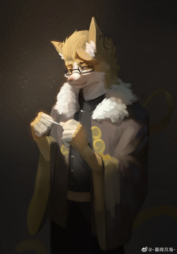 anthro black_bottomwear black_clothing black_pants black_topwear blonde_hair bottomwear clothed clothing eyewear fur glasses grey_clothing grey_topwear hair holding_object looking_at_viewer male mouth_closed narrowed_eyes pants pink_nose rectangular_glasses simple_background solo standing three-quarter_view topwear unsigned white_body white_fur yellow_body yellow_fur awaldkize domestic_cat felid feline felis mammal hi_res portrait three-quarter_portrait
