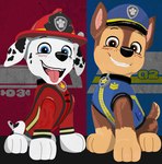 3_toes all_fours armor black_eyebrows black_nose blacktuft blue_eyes blush canid canine canis chase_(paw_patrol) clothing dalmatian domestic_dog duo eyebrows feet firefighter_dog firefighter_helmet firefighter_uniform fur german_shepherd grin grinning_at_viewer hat headgear headwear helmet herding_dog hi_res looking_at_viewer male male/male mammal marshall_(paw_patrol) nickelodeon pastoral_dog paw_patrol pmhusky police police_dog police_hat police_uniform pup_tag smile toes tongue tongue_out topwear tuft two_tone_tail uniform vest white_body white_ears white_eyelids white_fur wide_eyed young_spots