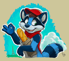 anthro baguette blue_body blue_fur blue_nose blue_sky bread brown_hair cheek_tuft clothing cloud day facial_tuft food fur gesture glistening glistening_eyes green_eyes hair hand_gesture hat headgear headwear holding_food holding_object logo looking_aside male markings ok_sign open_mouth open_smile outside red_clothing red_hat red_headwear red_scarf scarf short_hair sky smile solo striped_markings striped_tail stripes tail tail_markings tuft white_body white_fur young young_anthro young_male pandapaco mammal procyonid raccoon artist_logo half-length_portrait portrait signature
