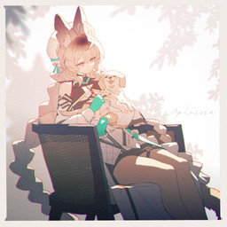 ambiguous_gender blonde_hair braided_hair chair clothing duo female feral furniture hair hat headgear headwear long_hair looking_down on_chair petting sitting sitting_on_chair smile tail xiayehongming arknights hypergryph studio_montagne aphrissa_(arknights) animal_humanoid canid canine canis cat_humanoid domestic_dog felid felid_humanoid feline feline_humanoid humanoid mammal mammal_humanoid 1:1 2026 digital_media_(artwork) hi_res