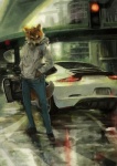 anthro biped car city clothing eyewear glasses hoodie looking_at_viewer male night outside solo standing tail topwear vehicle racoonwolf porsche porsche_911 shiranai canid canine canis domestic_dog mammal shiba_inu spitz 2013