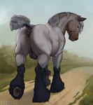 anatomically_correct anatomically_correct_genitalia anatomically_correct_penis animal_genitalia animal_penis anus balls black_anus black_balls black_leather black_legs black_penis bodily_fluids brown_body brown_ears brown_eyes brown_fur butt cum cum_drip cum_on_ground dripping equine_genitalia equine_penis erection feral fluffy fluffy_tail fur genital_fluids genitals grass grey_body grey_hair grey_hose grey_mane grey_tail hair hooves leg_markings looking_at_viewer looking_back male male_feral mane markings metal outside penis perineum plant presenting presenting_anus presenting_balls puffy_anus quadruped raised_tail road sky socks_(marking) solo tail underhoof conditional_dnp tgt1512 draft_horse equid equine horse mammal digital_media_(artwork) shaded