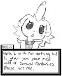 ambiguous_gender dialogue eyelashes femboy greeting looking_at_viewer pokemorph solo talking_to_viewer text roy_mccloud nintendo pokemon espurr generation_6_pokemon pokemon_(species) black_and_white english_text low_res monochrome