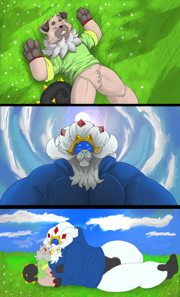 anthro duo grass kissing leg_stretch licking low-angle_view lying muscular plant smile sun tongue tongue_out worm's-eye_view mc_morrales nintendo pokemon ruck_the_rockruff soleo_the_solgaleo generation_7_pokemon legendary_pokemon pokemon_(species) rockruff solgaleo digital_media_(artwork) hi_res
