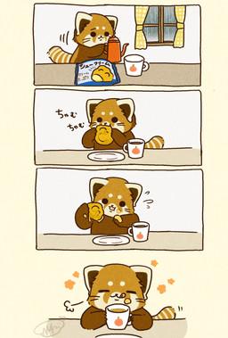biped black_eyes black_nose brown_body chibi dot_eyes drinking eating feral food inside kemono raining simple_eyes solo text shi_nominmin ailurid mammal red_panda 2024 comic hi_res japanese_text