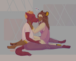 anthro barefoot biped blonde_hair brown_hair clothed clothing dialogue duo eyes_closed facial_markings feet female gloves_(marking) hair happy head_markings heart_symbol hug kissing leg_markings leotard long_hair love male male/female markings mask_(marking) panties pattern_background pawpads plantigrade romantic romantic_couple shirt short_hair side_view simple_background sitting socks_(marking) text topwear underwear aleks_pakaralex baahn aleks african_wild_dog canid canine canis mammal wolf digital_drawing_(artwork) digital_media_(artwork) english_text shaded soft_shading