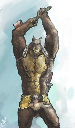 abs anthro armor axe big_muscles bulge clothed clothing genitals male melee_weapon muscular muscular_anthro muscular_male pecs penis penis_base pose simple_background solo spiked_armor spikes sword topless torn_clothing underwear weapon aokamidu dobo_(thundercats) canid canine canis dobermann domestic_dog mammal pinscher 2012