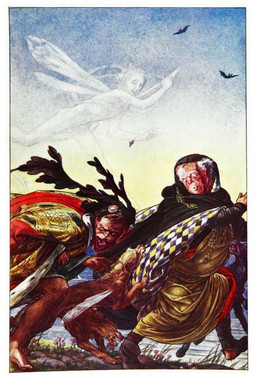 ambiguous_gender art_nouveau being_attacked being_chased brown_body brown_fur brown_hair cape cloak clothing day feral fur gold_(metal) group hair insect_wings male medal medieval_clothing order_of_the_golden_fleece outside plant running_away translucent translucent_body white_hair wings paul_vincent_woodroffe the_tempest william_shakespeare bat canid canine canis domestic_dog fairy human humanoid hybrid mammal 1908 20th_century ancient_art hi_res traditional_media_(artwork)