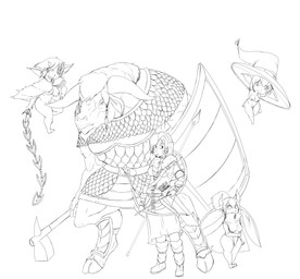 armor bow_(weapon) breasts clothing female group hair hammer hat headgear headwear horn humanoid_pointy_ears long_ears male melee_weapon muscular pointy_ears polearm ranged_weapon shield shortstack smile spear tools weapon whip little_b0t european_mythology greek_mythology mythology bovid bovine humanoid imp mammal minotaur absurd_res digital_media_(artwork) hi_res monochrome