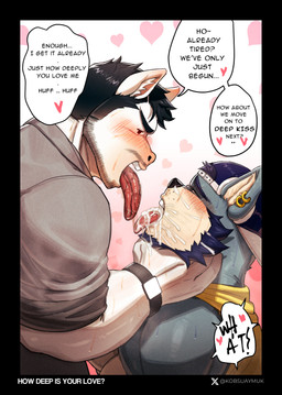 anthro anthro_on_anthro black_border black_hair blush bodily_fluids border cum cum_in_mouth cum_inside cum_on_face duo ear_piercing ear_ring eyebrows genital_fluids hair inner_ear_fluff male male/male piercing ring_piercing speech_bubble text tongue tongue_out tuft desfrog equid equine horse mammal absurd_res english_text hi_res