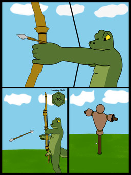 anthro archery arrow_(weapon) balls bow_(weapon) casual_nudity dice genitals humanoid_genitalia humanoid_penis male nude penis public public_nudity ranged_weapon solo weapon huey_husky dungeons_and_dragons hasbro paizo pathfinder wizards_of_the_coast bruk lizardfolk_(dnd) lizardman reptile scalie 3:4 absurd_res comic hi_res
