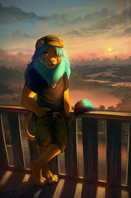 anthro backlighting barefoot black_clothing black_shirt black_t-shirt black_topwear blue_hair blue_mane bottomwear brown_clothing brown_hat brown_headwear closed_smile clothed clothing cloud feet front_view fur glistening glistening_eyes green_bottomwear green_clothing green_pants green_shorts hair hat headgear headwear light looking_at_viewer male mane mouth_closed orange_eyes orange_nose outside pants pattern_bottomwear pattern_clothing pattern_shorts plant river shirt shorts shrub sky skyline smile solo spots spotted_bottomwear spotted_clothing spotted_shorts standing sunset t-shirt tail tail_tuft topwear tuft yellow_body yellow_fur yellow_tail mylafox felid lion mammal pantherine 2016 dated full-length_portrait lighting portrait signature