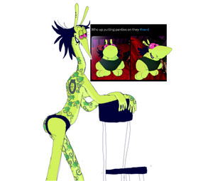 anthro arm_tattoo back_tattoo belly black_hair black_lips breasts butt chair clothed clothing crossgender ear_piercing facial_piercing female food furniture green_arms green_back green_belly green_body green_breasts green_butt green_ears green_eyelids green_face green_hands green_legs green_neck green_nipples hair half-closed_eyes hand_tattoo leaning_on_chair leaning_on_object leg_tattoo lip_piercing lips narrowed_eyes neck_tattoo nipples panties piercing pink_eyes pink_pupils plant_tattoo pupils snakebite_piercing solo tattoo text under_boob underwear underwear_only plentyofsoup cartoon_network nerds powerpuff_girls snake_(powerpuff_girls) food_creature reptile scalie snake english_text hi_res trans_(lore) trans_woman_(lore)