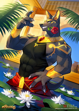anthro clothed clothing egyptian facial_piercing flower gold_(metal) gold_jewelry golden_markings jewelry male nipples nose_piercing piercing plant rose_(flower) solo tail kamikami adastra adastra_(series) astatos echo_project khemia studio_klondike neferu_(adastra) anubian_jackal canid canine canis jackal mammal absurd_res hi_res