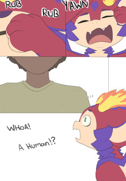 cute_fangs dialogue duo fangs feral green_eyes male open_mouth rubbing_eyes simple_background teeth text white_background yawn gushoafterdark league_of_legends mythology riot_games tencent smolder_(lol) dragon human mammal mythological_creature mythological_scalie scalie absurd_res comic english_text hi_res