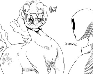 duo female male sunibee friendship_is_magic hasbro my_little_pony anon pinkie_pie_(mlp) earth_pony equid equine horse mammal pony 5:4 greyscale monochrome