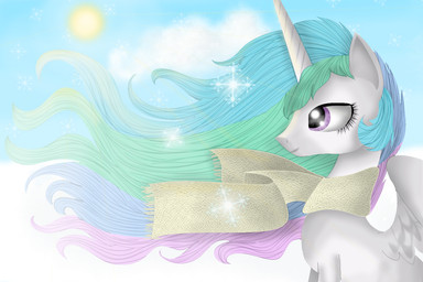 cloud feathered_wings feathers female feral fur hair horn multicolored_hair outside purple_eyes royalty scarf sky smile snow solo spread_wings sun white_body white_feathers white_fur wings winter chanceyb friendship_is_magic hasbro my_little_pony mythology princess_celestia_(mlp) equid equine mammal mythological_creature mythological_equine winged_unicorn 2015 3:2