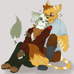 anthro bandage boots bulge clothed clothing cuddling duo eye_contact eyewear female footwear fully_clothed fur glasses green_body green_fur happy heart_symbol kerchief looking_at_another male male/female resting_on_partner shirt shoes tan_body tan_fur topwear wearing_glasses appledpie ratchet_and_clank sony_corporation sony_interactive_entertainment hamish_turner_(ukz_james97) jade_gardiner lombax mammal 1:1 hi_res